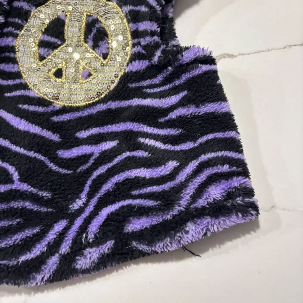 Fleece Dog Coat Jacket Sequins Peace Sign Tiger Striped Purple Black Gold Size S